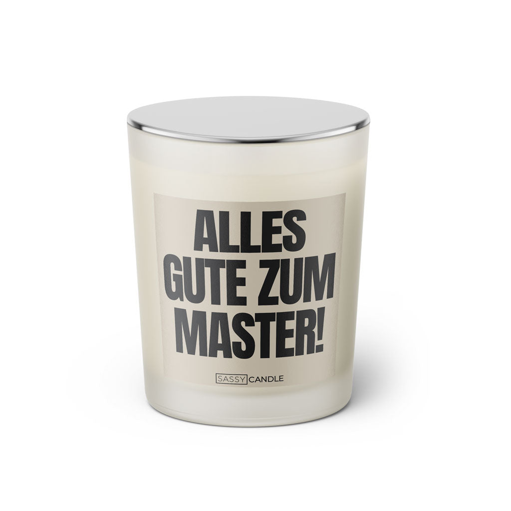 Duftkerze mit witzigen Spruch: Alles Gute zum Master! Farbe beige und schwarz von Sassy Candle.