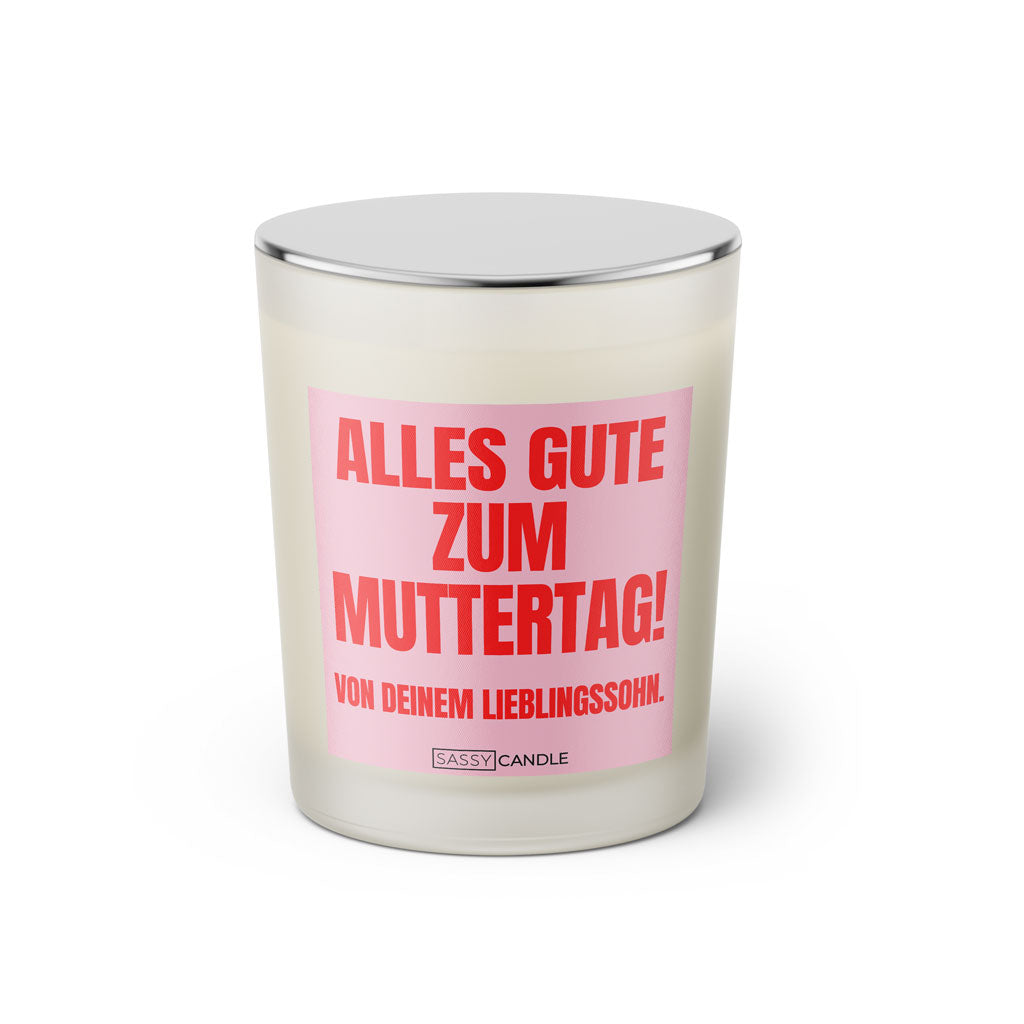 Duftkerze mit witzigem Spruch: Alles Gute zum Muttertag! Von deinem Lieblingssohn. Farbe rosa und pink mit silbernem Deckel von Sassy Candle.