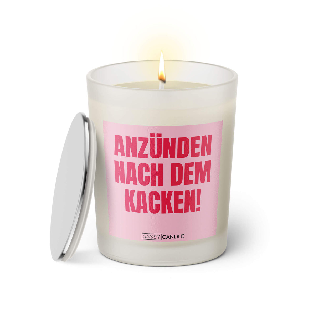 Duftkerze mit witzigen Spruch: Anzünden nach dem kacken! Farbe rosa und pink von Sassy Candle.