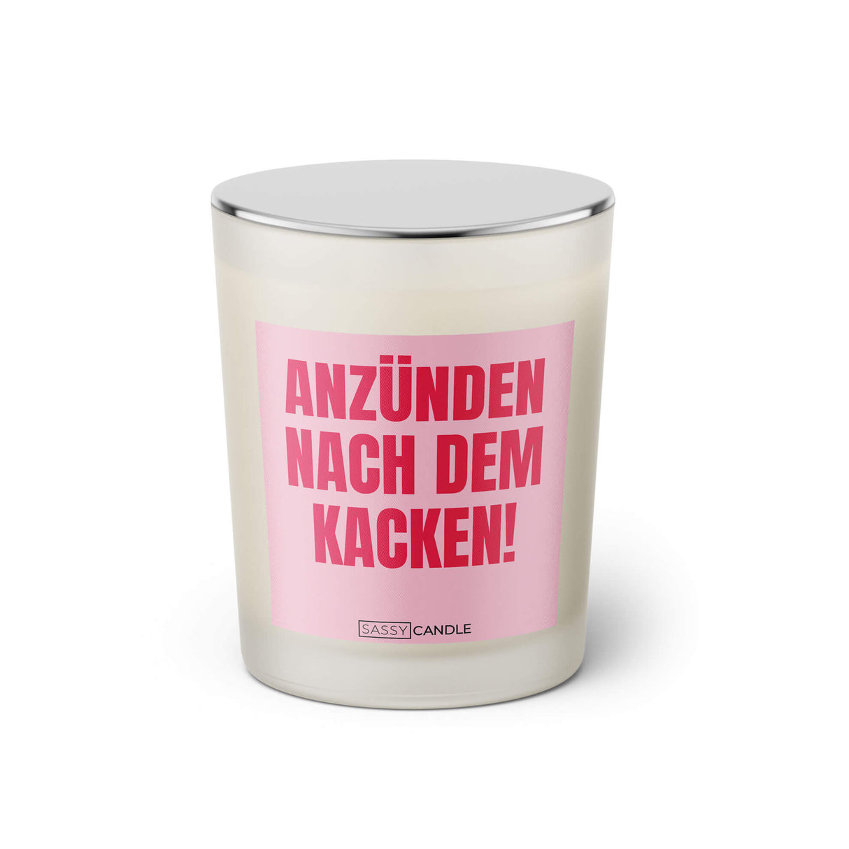 Duftkerze mit witzigen Spruch: Anzünden nach dem kacken! Farbe rosa und pink von Sassy Candle.