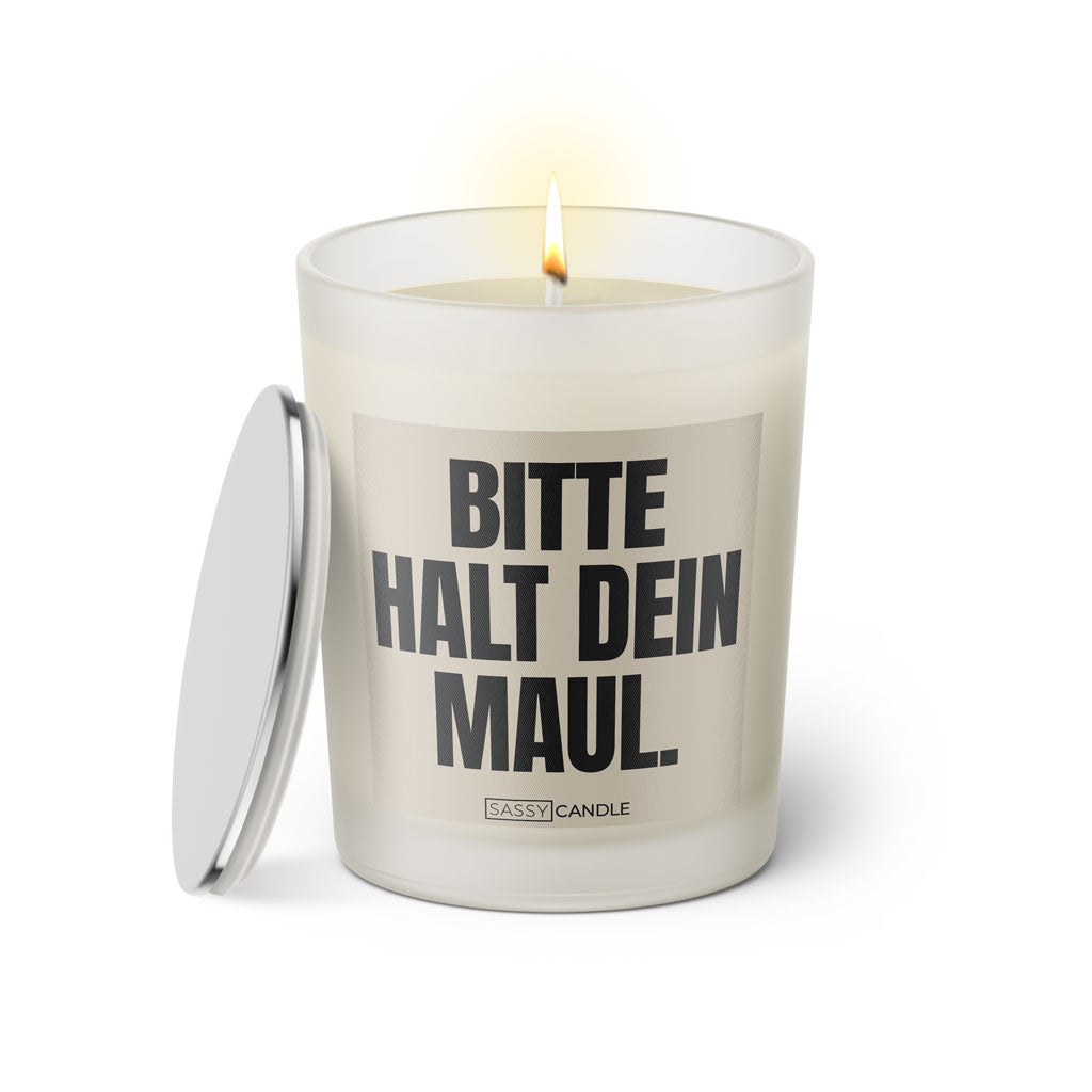 Duftkerze mit witzigen Spruch: Bitte halt dein Maul. Farbe beige und schwarz von Sassy Candle.