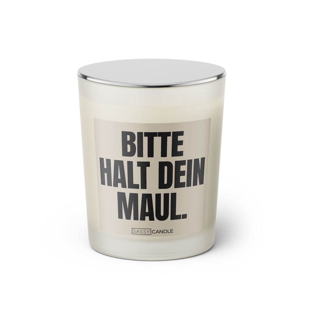 Duftkerze mit witzigen Spruch: Bitte halt dein Maul. Farbe beige und schwarz von Sassy Candle.