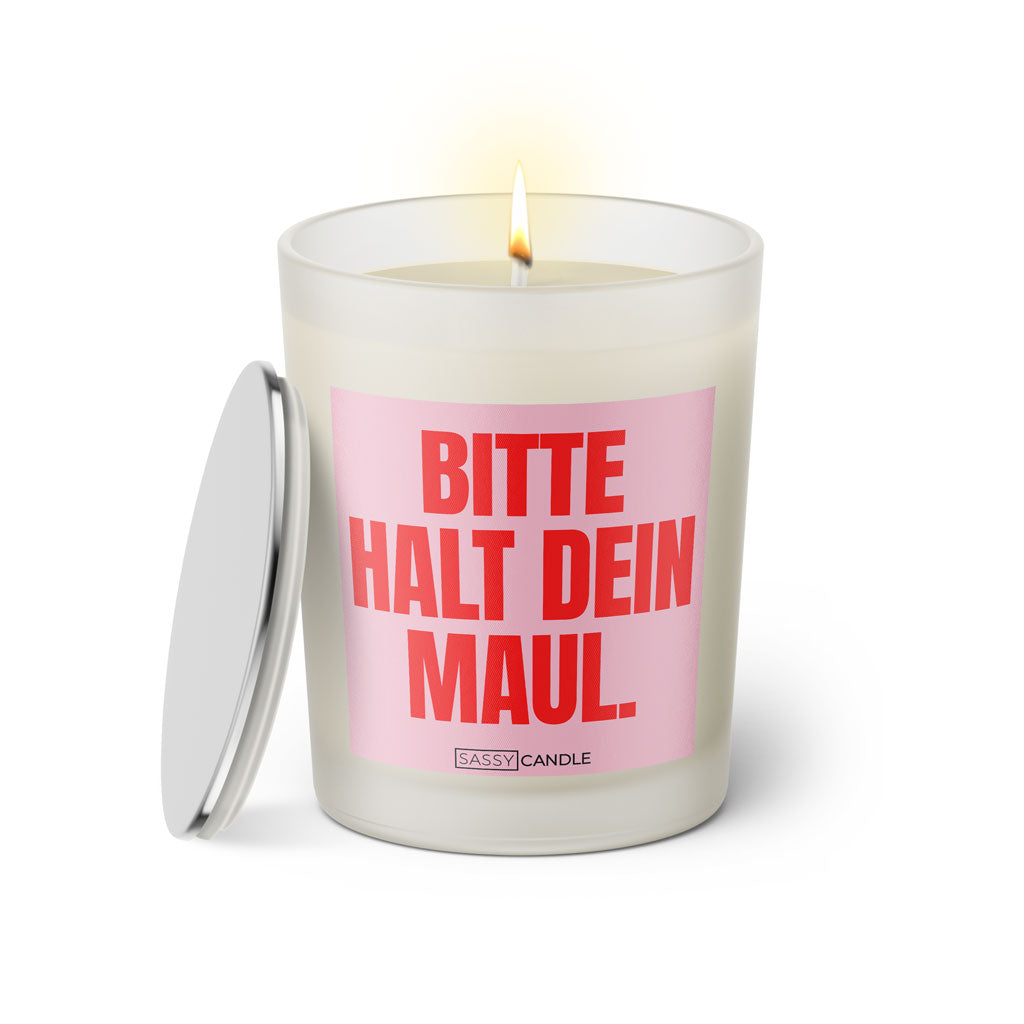 Duftkerze mit witzigen Spruch: Bitte halt dein Maul. Farbe rosa und pink von Sassy Candle.