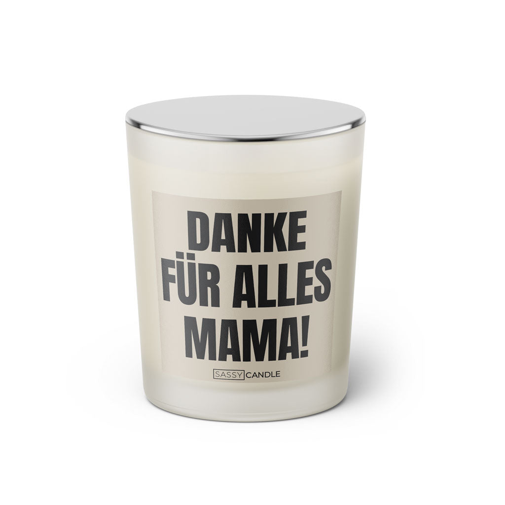 Duftkerze mit witzigem Spruch: Danke für alles Mama! Farbe beige und schwarz mit silbernem Deckel von Sassy Candle.
