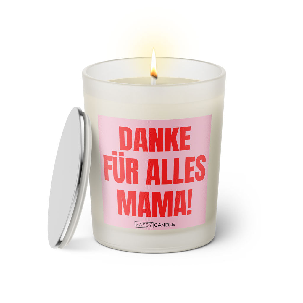 Duftkerze mit witzigem Spruch: Danke für alles Mama! Farbe rosa und pink mit silbernem Deckel von Sassy Candle.