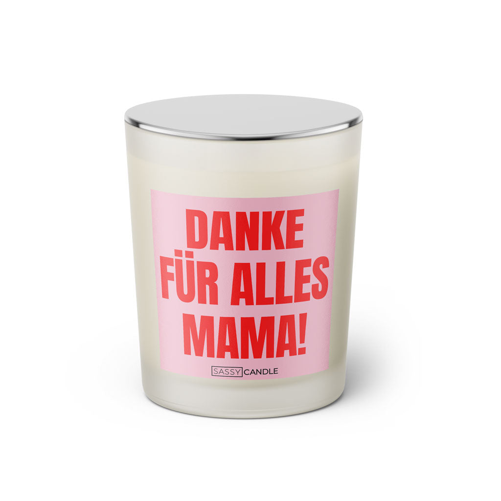 Duftkerze mit witzigem Spruch: Danke für alles Mama! Farbe rosa und pink mit silbernem Deckel von Sassy Candle.