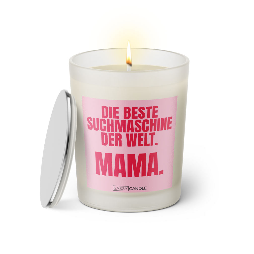 Duftkerze mit witzigem Spruch: Die beste Suchmaschine der Welt. Mama. Farbe rosa und pinke Schrift. Kerzenglas mit silbernem Deckel von SassyCandle.