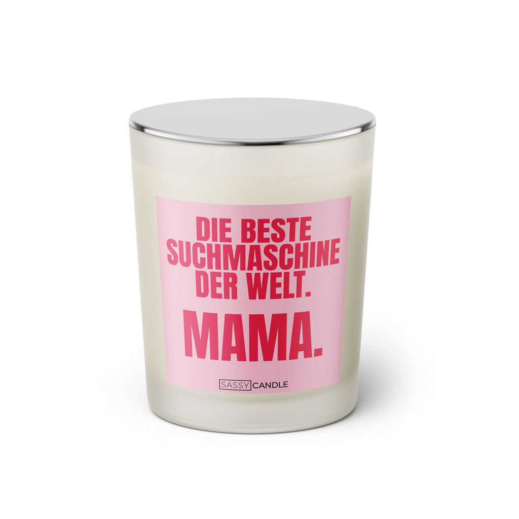 Duftkerze mit witzigem Spruch: Die beste Suchmaschine der Welt. Mama. Farbe rosa und pinke Schrift. Kerzenglas mit silbernem geschlossenem Deckel von SassyCandle.