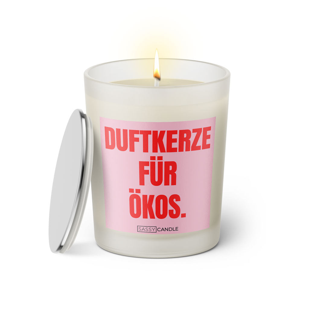 Duftkerze mit Spruch: Duftkerze für Ökos. Farbe rosa und pink von Sassy Candle.