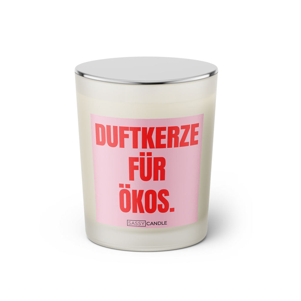 Duftkerze mit Spruch: Duftkerze für Ökos. Farbe rosa und pink von Sassy Candle.