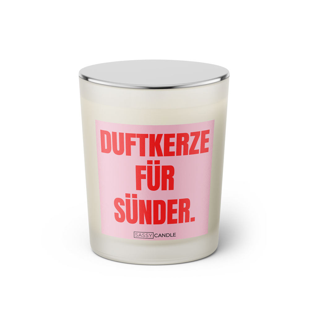 Duftkerze mit Spruch: Duftkerze für Sünder. Farbe rosa und pink von Sassy Candle.