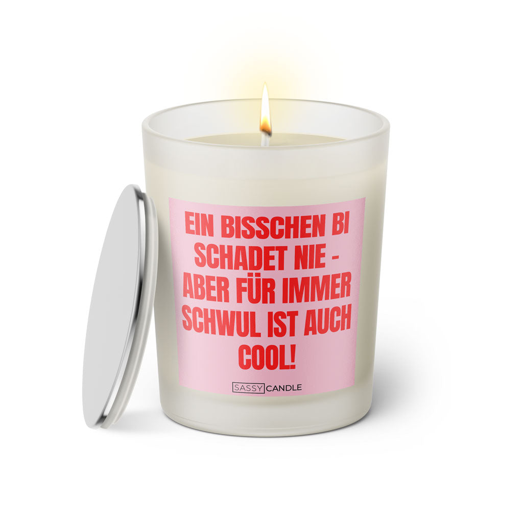 Duftkerze mit witzigen Spruch: Ein bisschen Bi schadet nie - Aber für immer Schwul ist auch cool! Farbe rosa und pink von Sassy Candle.