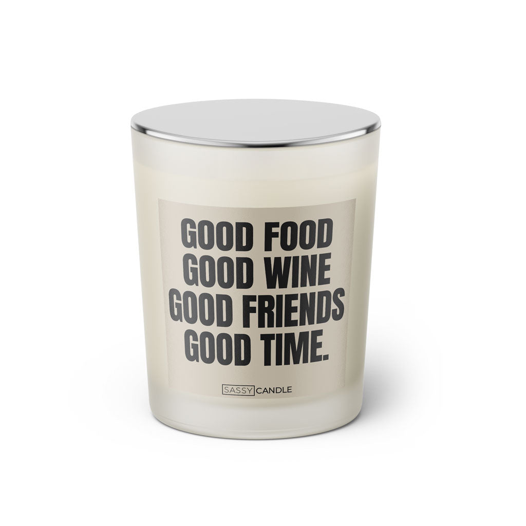 Duftkerze mit witzigen Spruch: Good food good wine good friends good time. Farbe beige und schwarz von Sassy Candle.