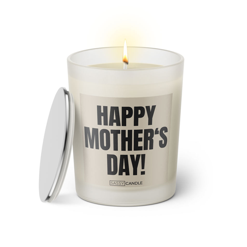 Duftkerze mit witzigem Spruch: Happy Mother's Day! Farbe schwarz und beige mit silbernem Deckel von Sassy Candle.