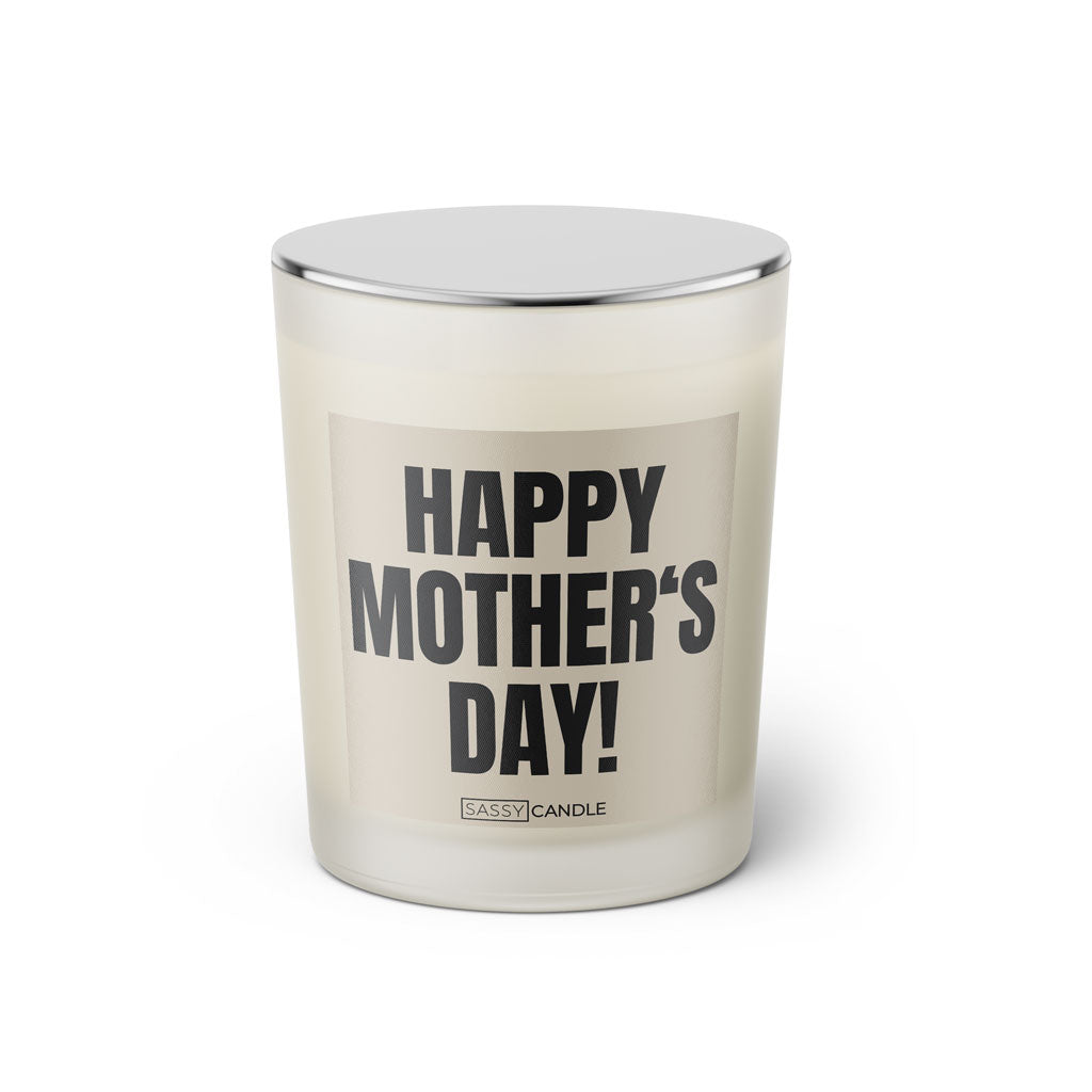 Duftkerze mit witzigem Spruch: Happy Mother's Day! Farbe schwarz und beige mit silbernem Deckel von Sassy Candle.
