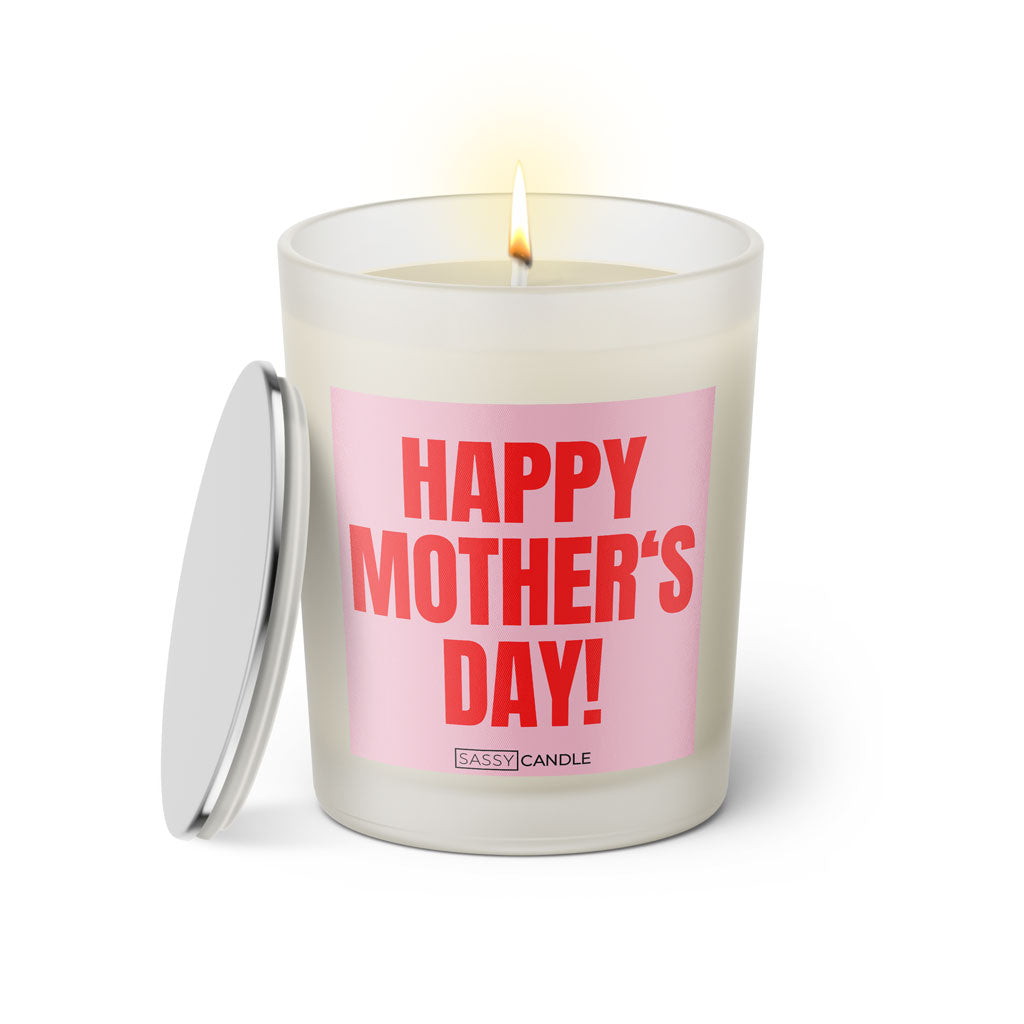 Duftkerze mit witzigem Spruch: Happy Mother's Day! Farbe rosa und pink mit silbernem Deckel von Sassy Candle.
