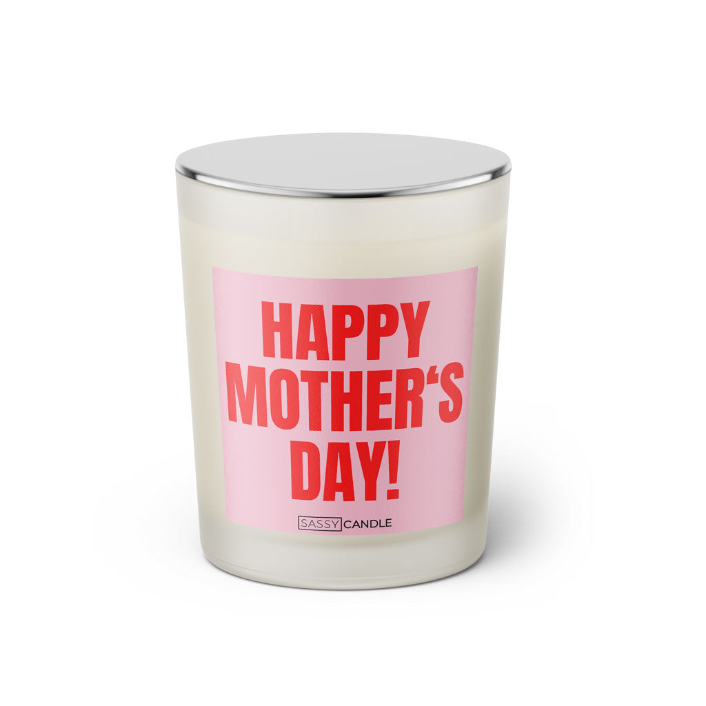 Duftkerze mit witzigem Spruch: Happy Mother's Day! Farbe rosa und pink mit silbernem Deckel von Sassy Candle.