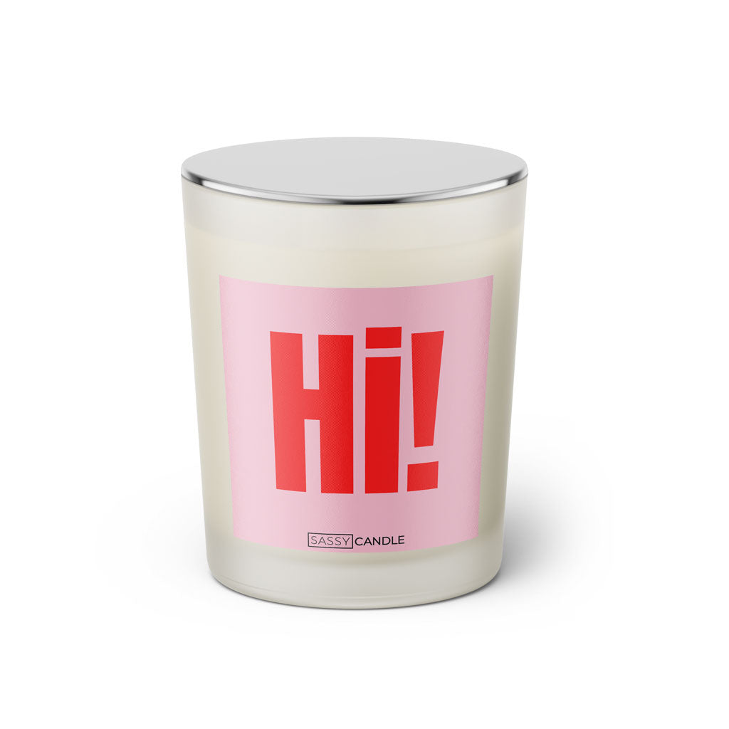 Duftkerze mit Spruch: Hi! Farbe rosa und pink von Sassy Candle.