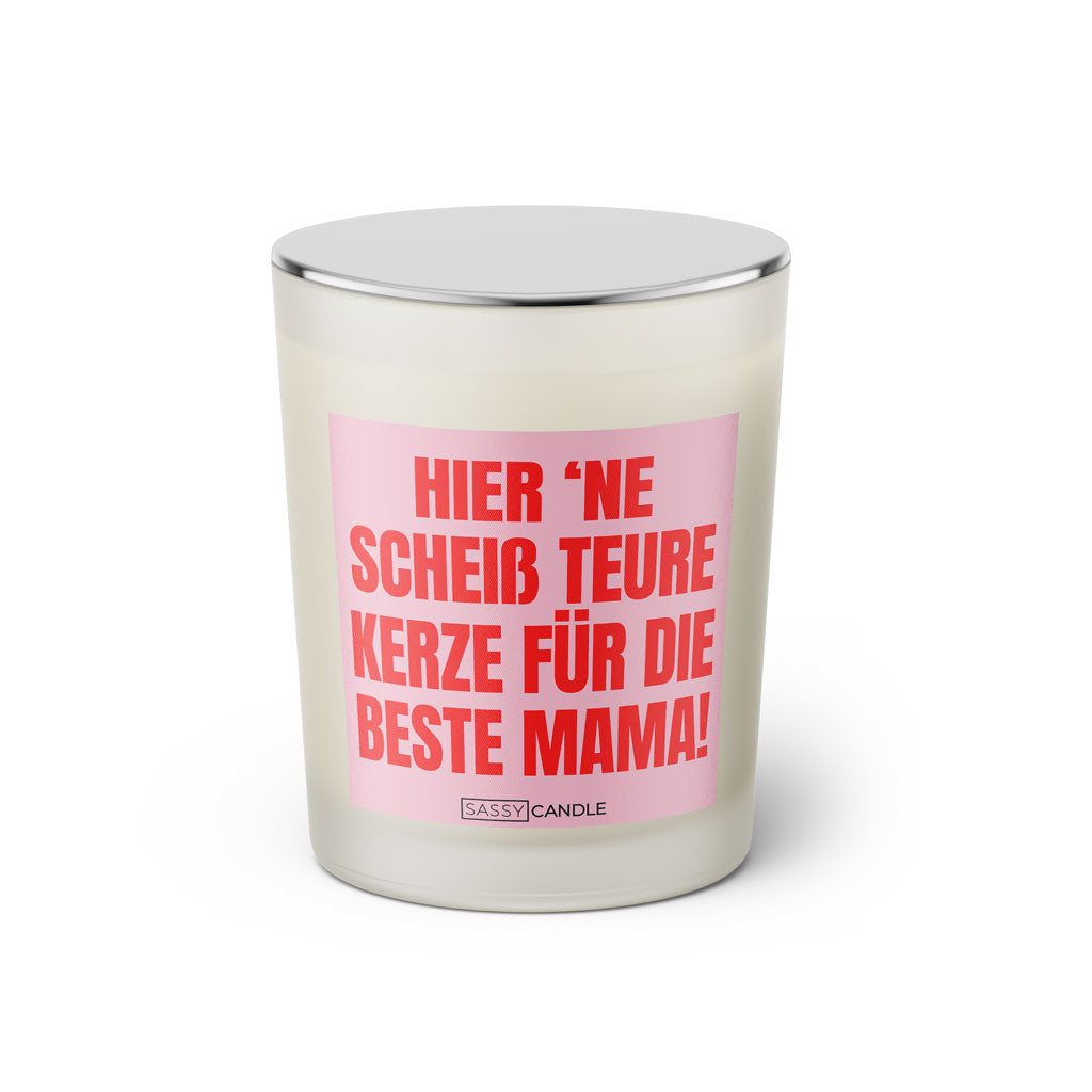 Duftkerze mit witzigem Spruch: Hier 'ne scheiß teure Kerze für die beste Mama! Farbe rosa und pink mit silbernem Deckel von Sassy Candle.
