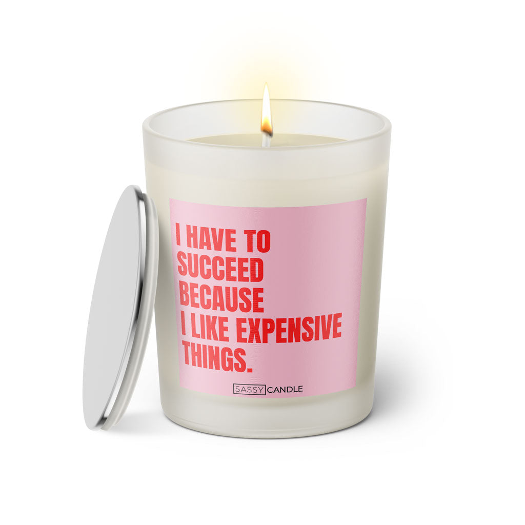 Duftkerze mit witzigen Spruch: I have to succeed because I like expensive things. Kerzenglas mit silbernen Deckel von Sassy Candle. Farbe rosa und pink.