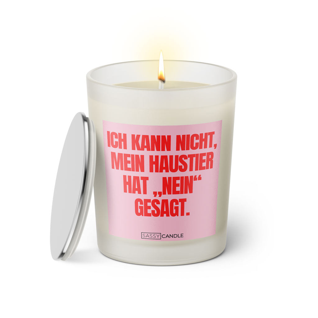 Duftkerze mit witzigen Spruch: Ich kann nicht, mein Haustier hat "nein" gesagt. Farbe rosa und pink von Sassy Candle.