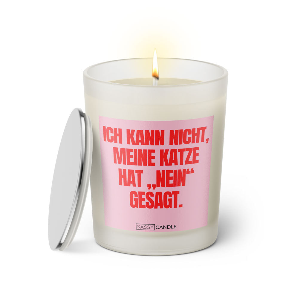 Duftkerze mit witzigen Spruch: Ich kann nicht, meine Katze hat "nein" gesagt. Farbe rosa und pink von Sassy Candle.