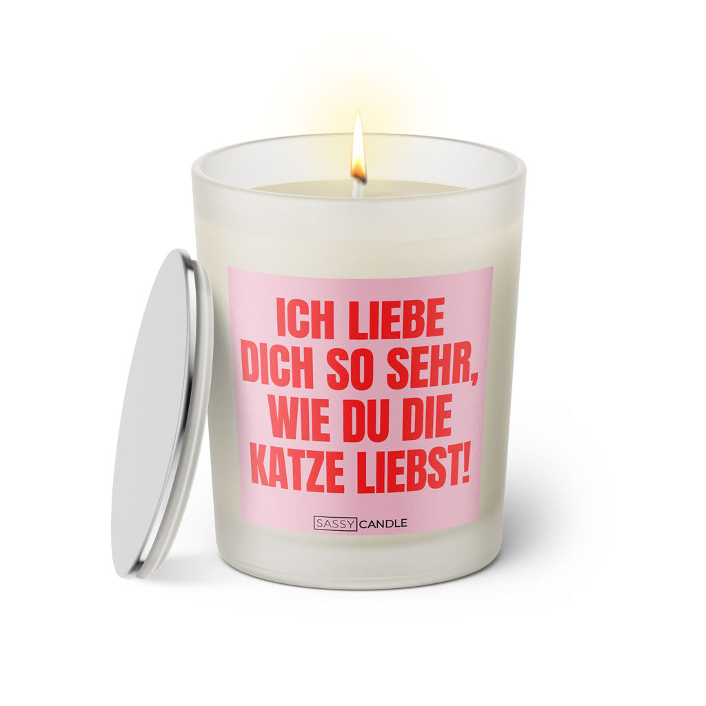 Duftkerze mit witzigen Spruch: Ich liebe dich so sehr, wie du die Katze liebst. Farbe rosa und pink mit silbernem Deckel von Sassy Candle.