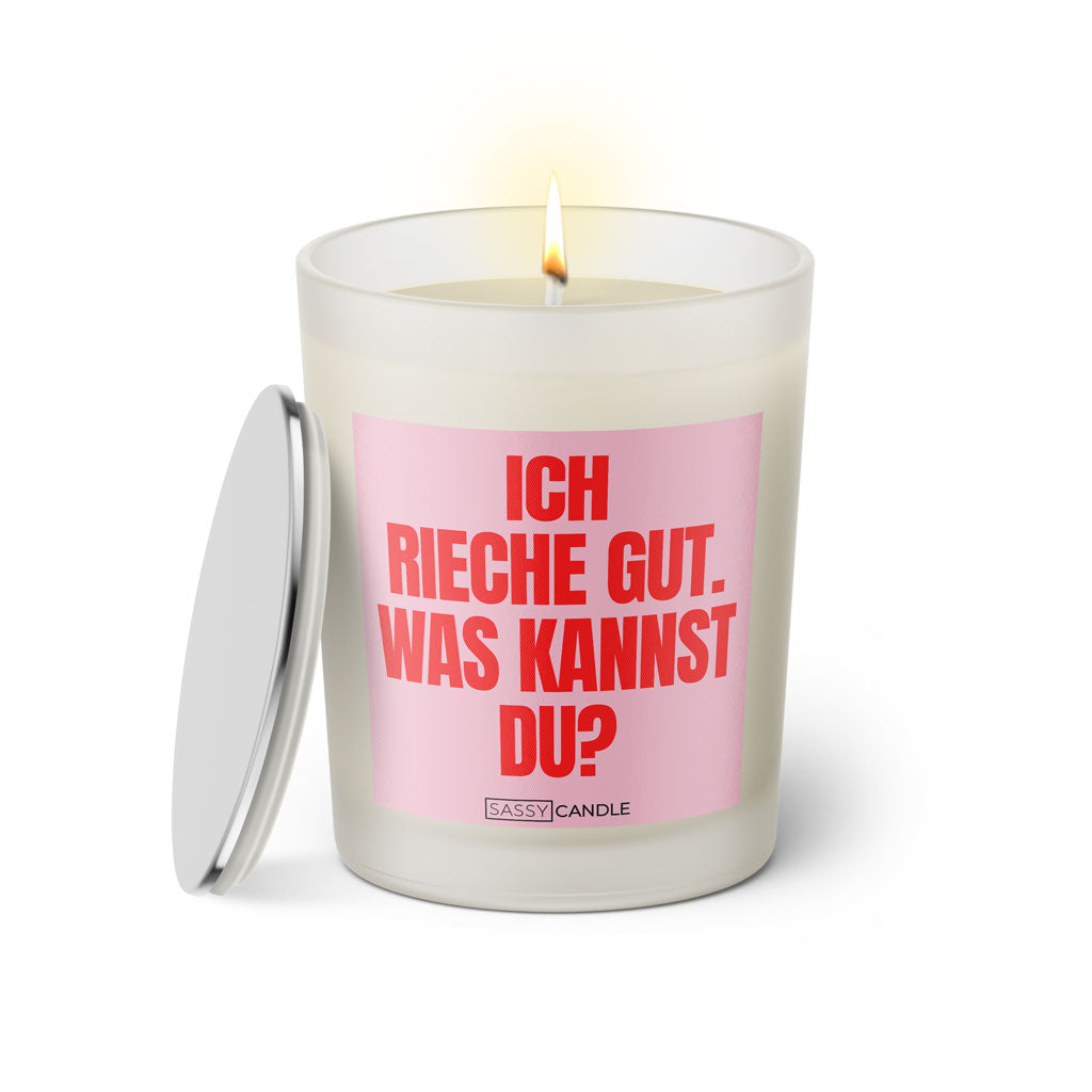 Duftkerze mit Spruch: Ich rieche gut. Was kannst du? Farbe rosa und pink von Sassy Candle.
