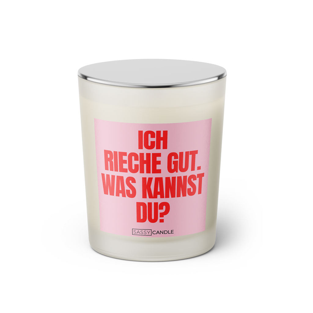 Duftkerze mit Spruch: Ich rieche gut. Was kannst du? Farbe rosa und pink von Sassy Candle.