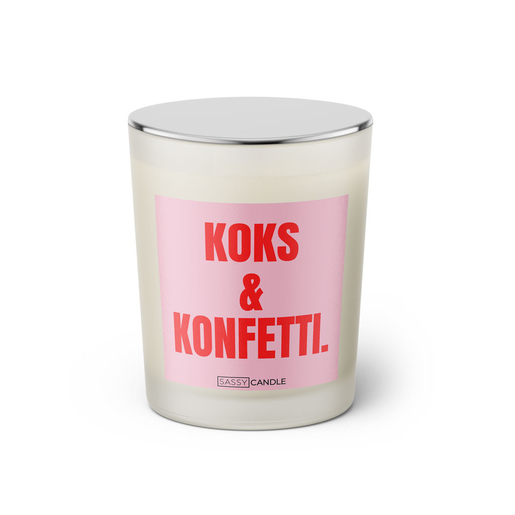 Duftkerze mit Spruch: Koks & Konfetti. Farbe rosa und pink von Sassy Candle.