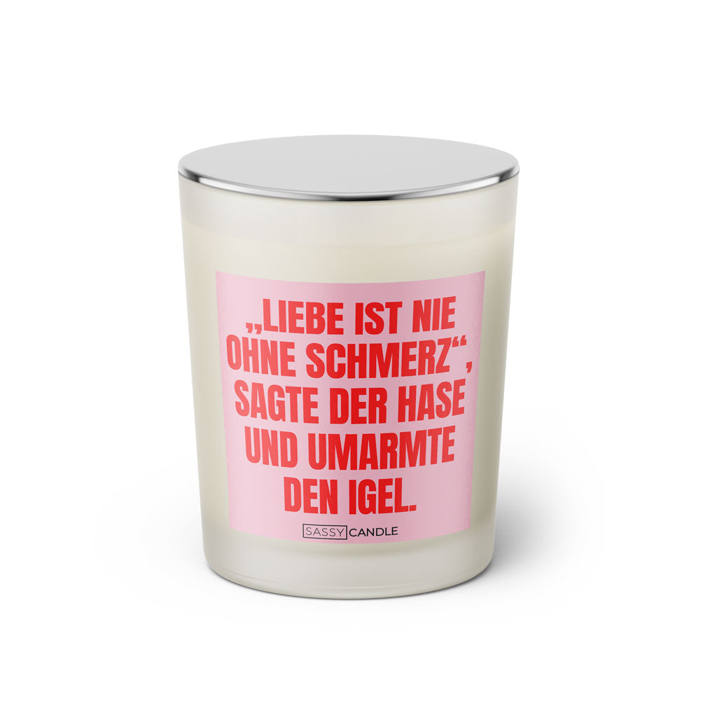 Duftkerze mit Spruch: Liebe ist nie ohne Schmerz, sagte der Hase und umarmte den Igel. Farbe rosa und pink mit silbernem Deckel von Sassy Candle.