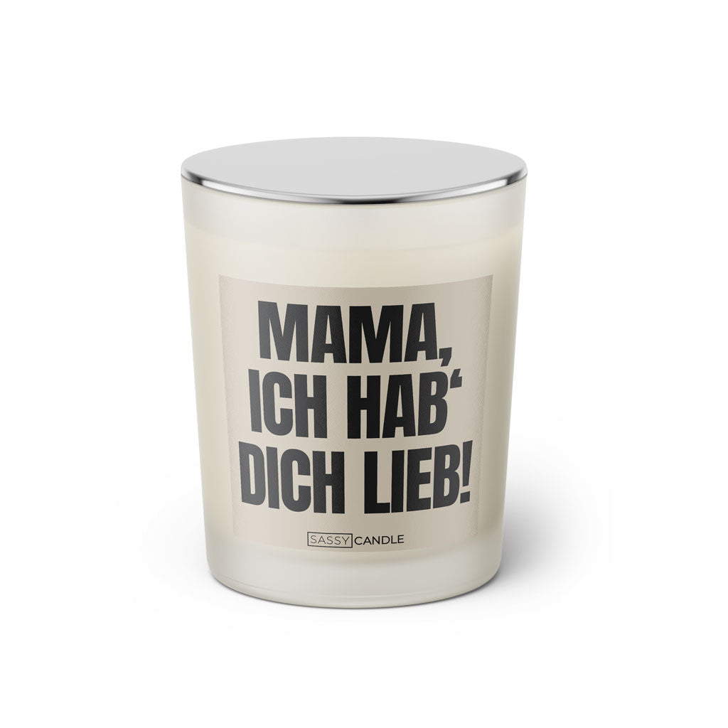 Duftkerze mit witzigem Spruch: Mama, ich hab' dich lieb! Farbe beige und schwarz mit silbernem Deckel von Sassy Candle.