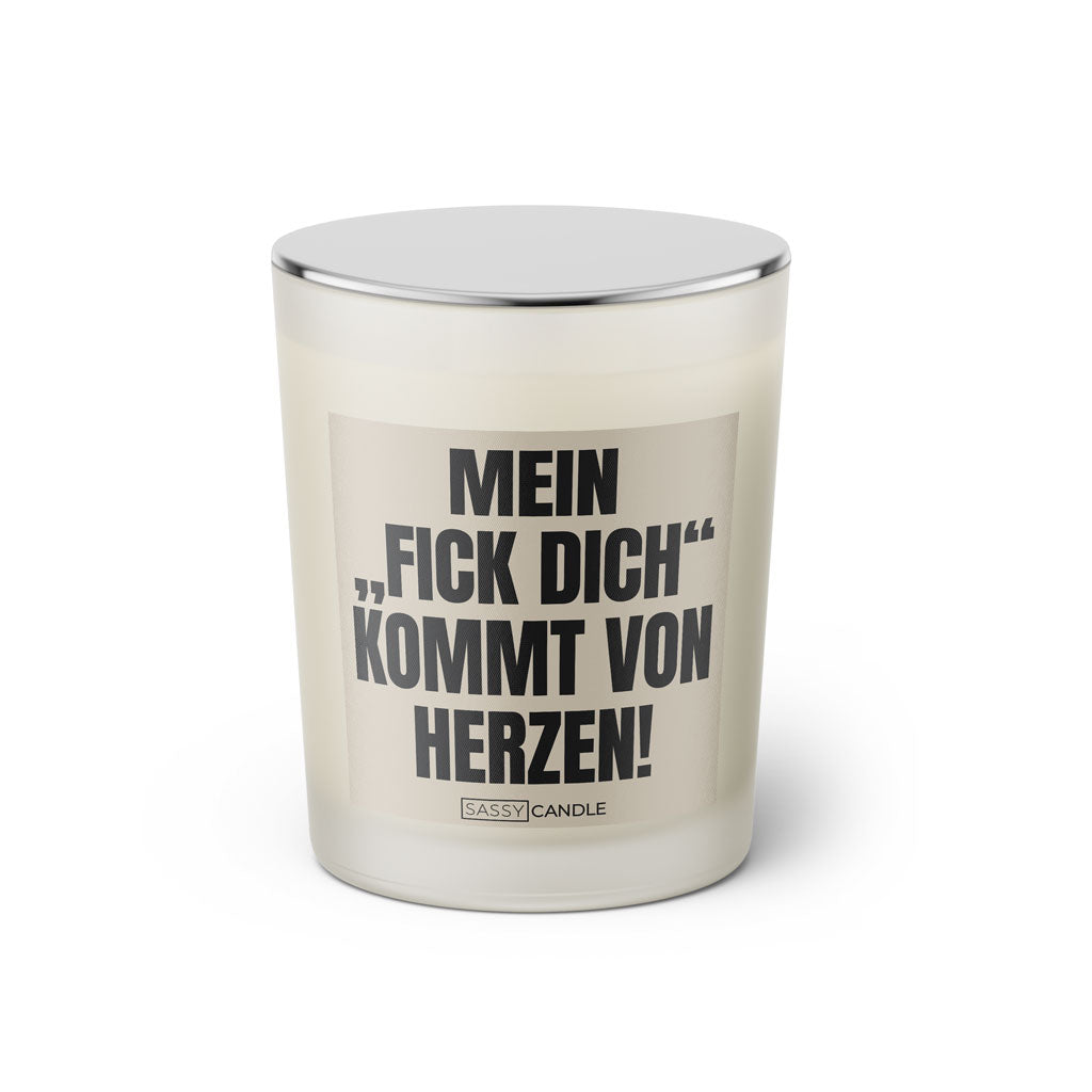 Duftkerze mit witzigem Spruch: Mein "fick dich" kommt von Herzen! Farbe beige und schwarz mit silbernem Deckel von Sassy Candle.