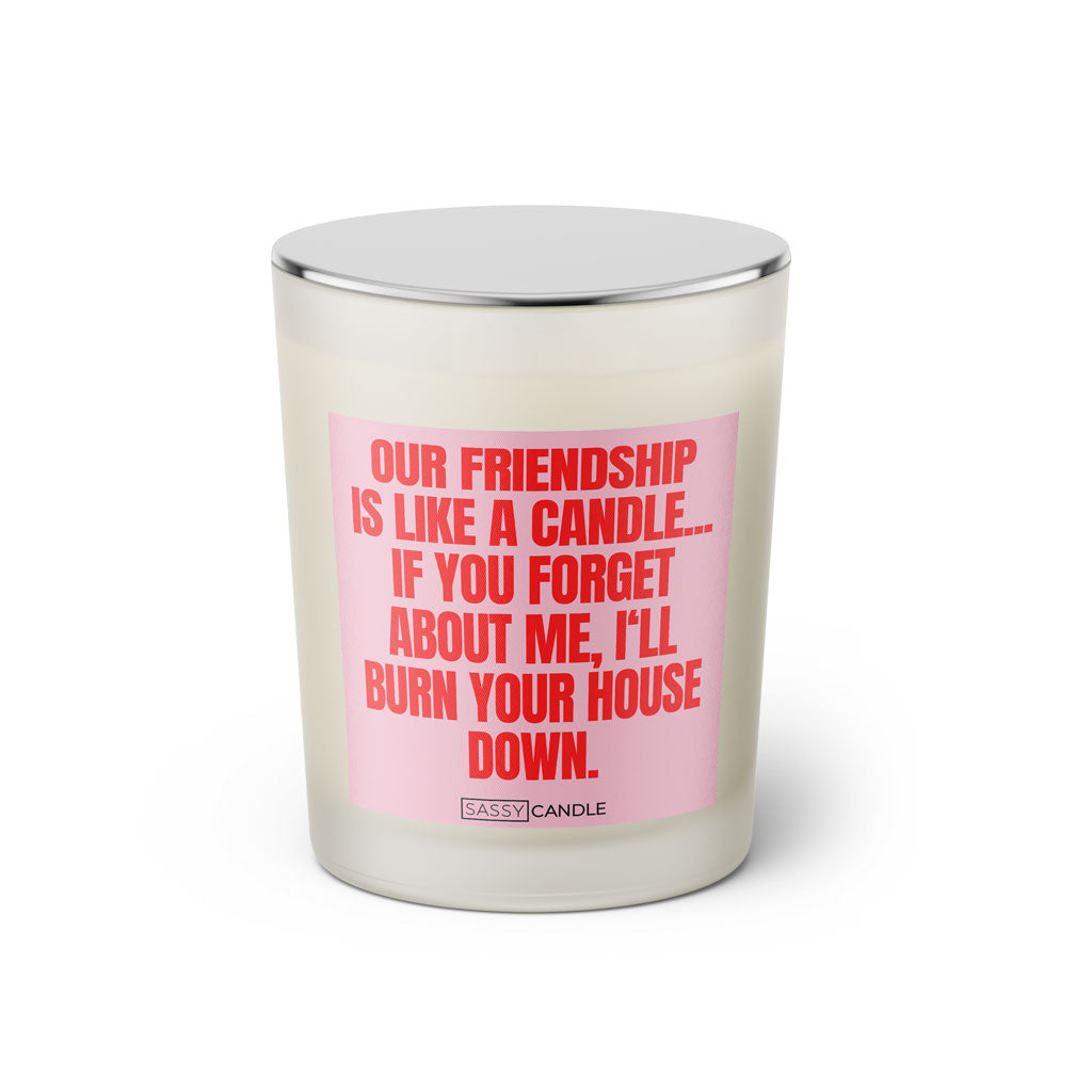 Duftkerze mit Spruch: Our friendship is like a candle... If you forget about me, I'll burn your house down. Farbe rosa und pink von Sassy Candle.