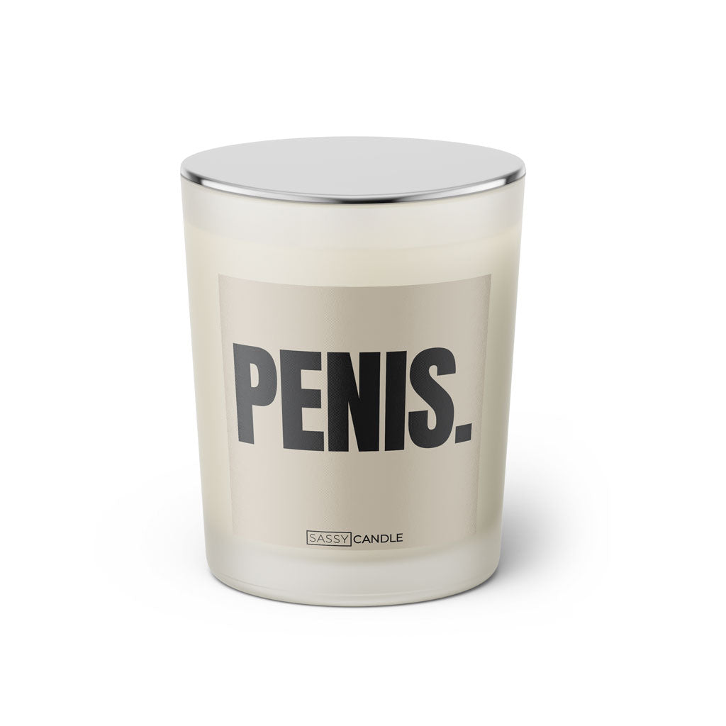 Duftkerze mit witzigen Spruch: Penis. Farbe beige und schwarz von Sassy Candle.