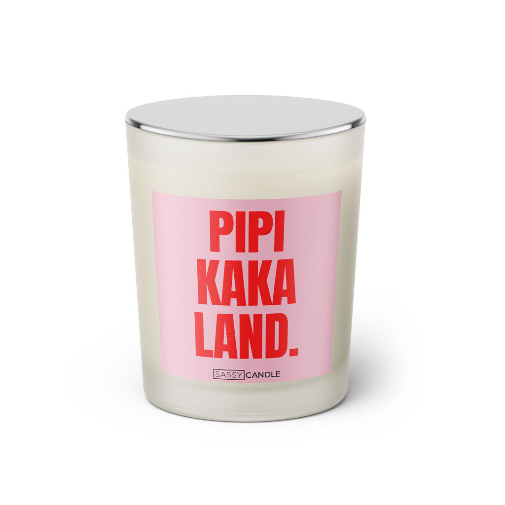 Duftkerze mit Spruch: Pipi Kaka Land. Farbe rosa und pink von Sassy Candle.