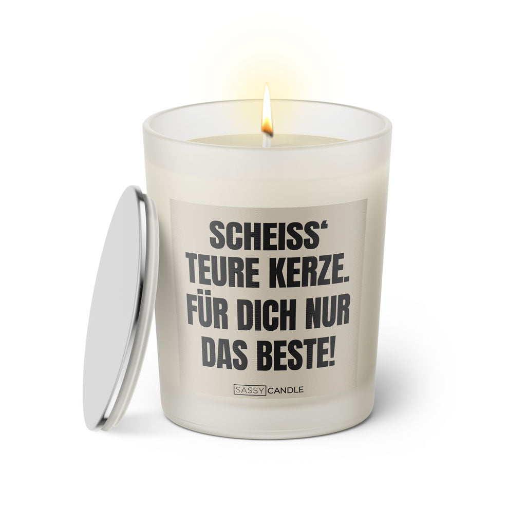 Duftkerze mit Spruch: Scheiss' teure Kerze. Für dich nur das Beste! Farbe beige und schwarz von Sassy Candle.