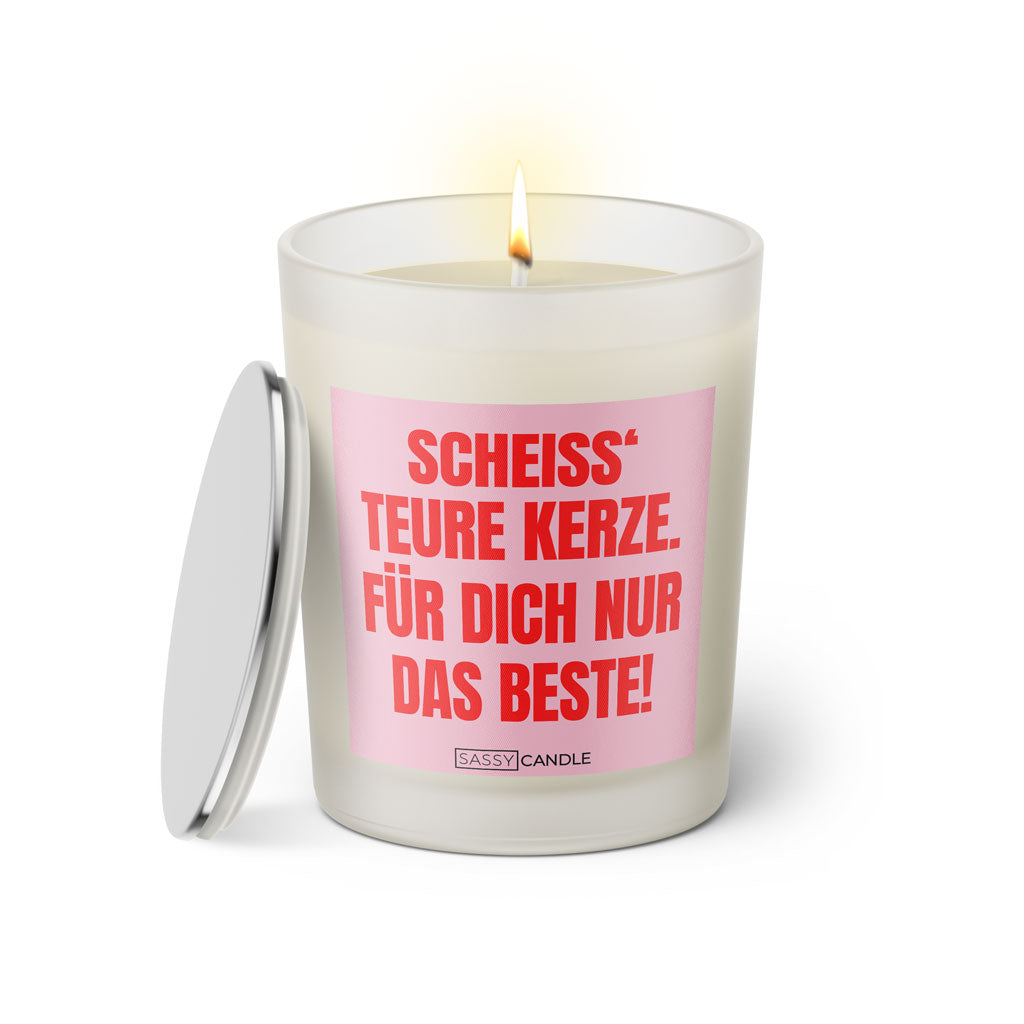 Duftkerze mit Spruch: Scheiss' teure Kerze. Für dich nur das Beste! Farbe rosa und pink von Sassy Candle.