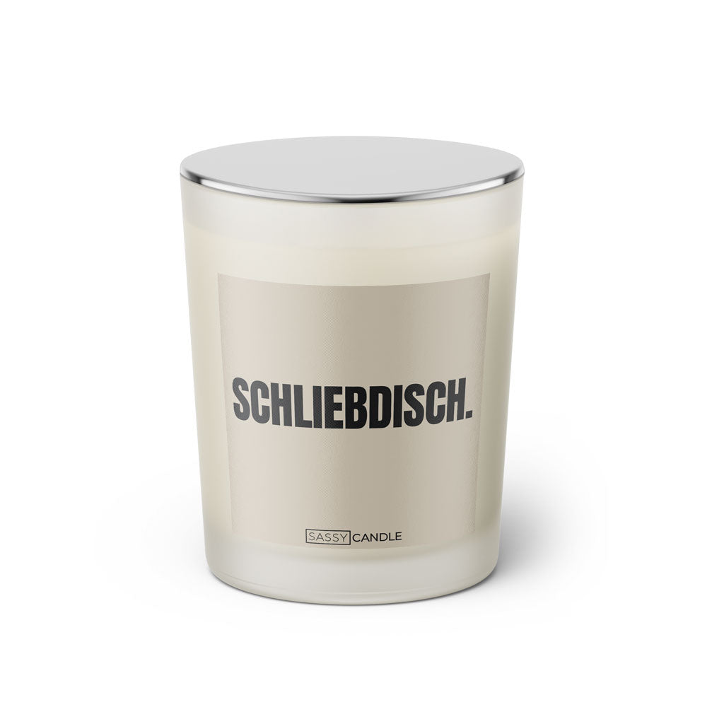 Duftkerze mit Spruch: Scheiss' teure Kerze. Schliebdisch. Farbe beige und schwarz von Sassy Candle.