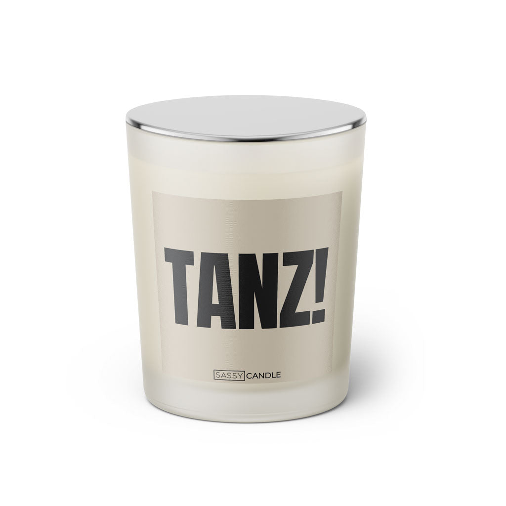 Duftkerze mit Spruch: Tanz! Farbe beige und schwarz von Sassy Candle.