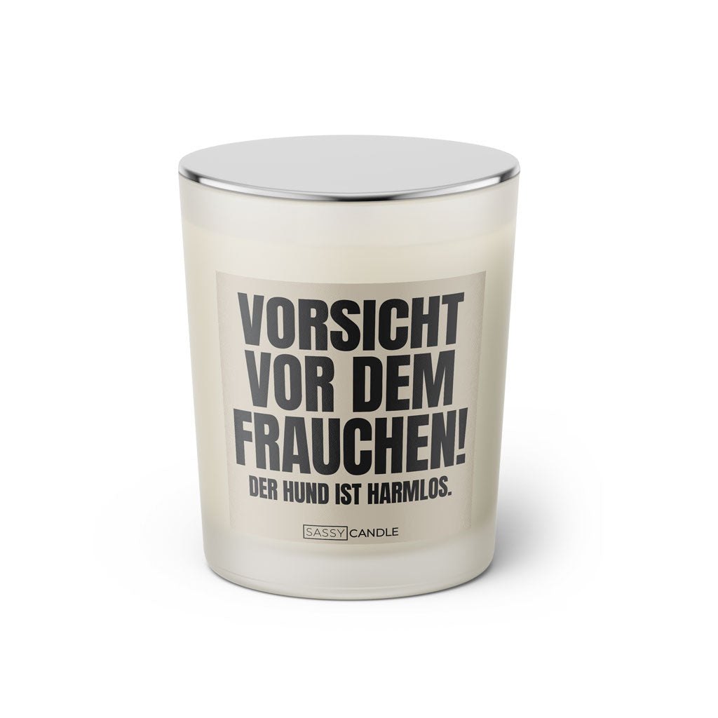 Duftkerze mit Spruch | Vorsicht vor dem Frauchen! Der Hund ist harmlos.