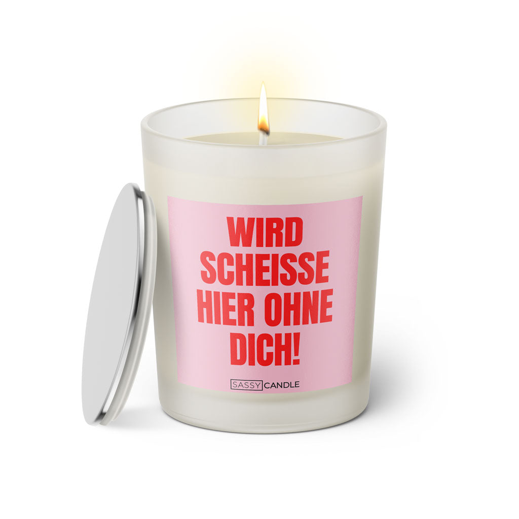 Duftkerze mit witzigem Spruch: Wird scheisse hier ohne dich! Farbe rosa und pinke Schrift. Kerzenglas mit silbernem Deckel von SassyCandle.