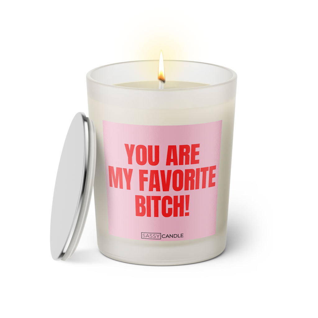 Duftkerze mit witzigen Spruch: You are my favorite Bitch. Farbe rosa und pink mit silbernen Deckel von Sassy Candle.