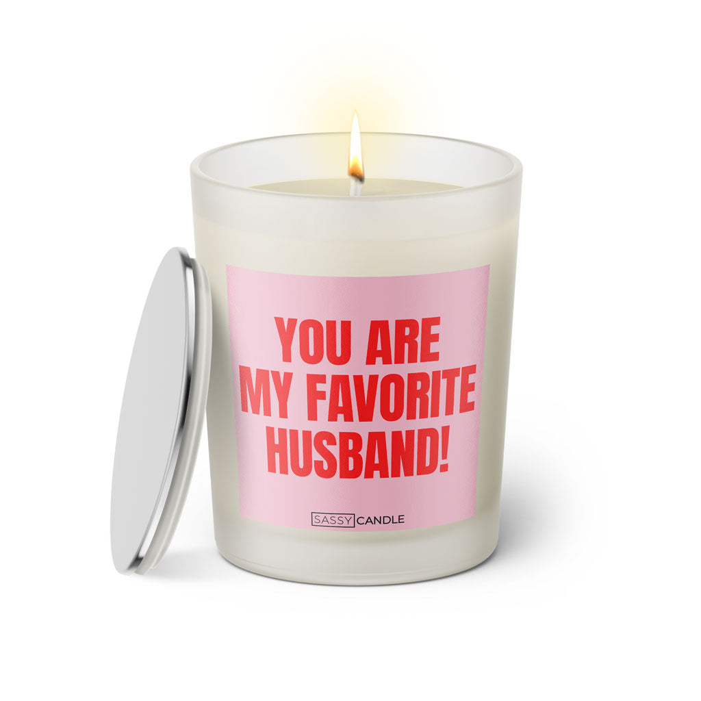 Duftkerze mit witzigen Spruch: You are my favorite husband. Farbe rosa und pink mit silbernem Kerzendeckel von Sassy Candle.