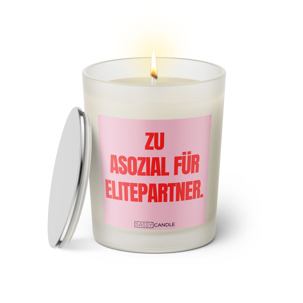Duftkerze mit witzigen Spruch: Zu asozial für Elitepartner. Farbe rosa und pink von Sassy Candle.