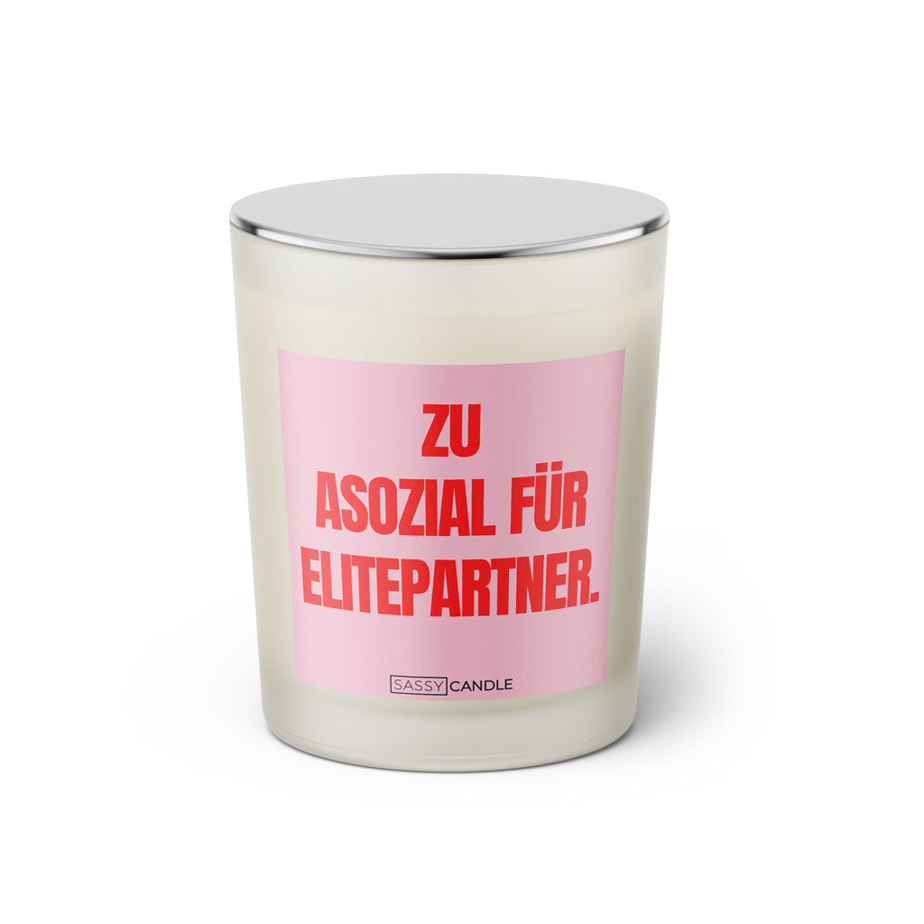 Duftkerze mit witzigen Spruch: Zu asozial für Elitepartner. Farbe rosa und pink von Sassy Candle.