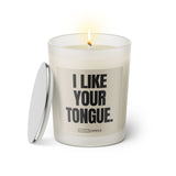 Duftkerze mit witzigen Spruch: I like your Tongue. Farbe beige und schwarz von Sassy Candle.