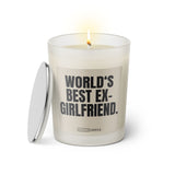 Duftkerze mit witzigem Spruch: World's best Ex-Girlfriend. Farbe beige und schwarze Schrift. Kerzenglas mit silbernem Deckel von SassyCandle.