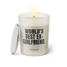 Duftkerze mit witzigem Spruch: World's best Ex-Girlfriend. Farbe beige und schwarze Schrift. Kerzenglas mit silbernem Deckel von SassyCandle.