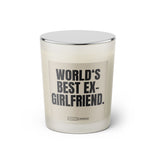 Duftkerze mit witzigem Spruch: World's best Ex-Girlfriend. Farbe beige und schwarze Schrift. Kerzenglas mit silbernem geschlossenem Deckel von SassyCandle.